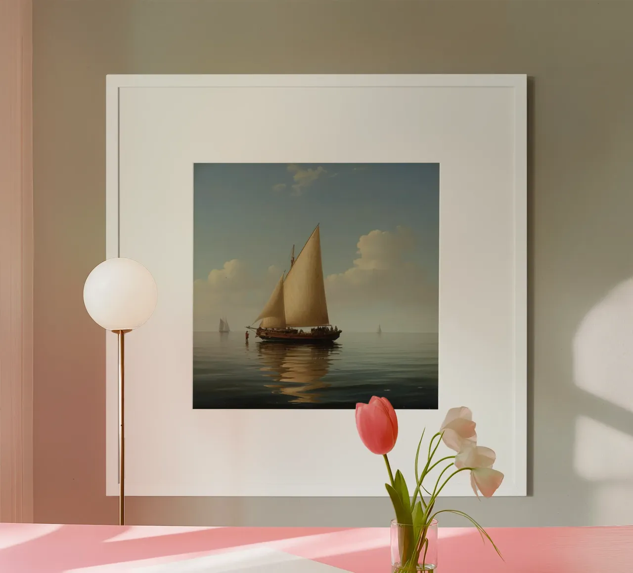 Una barca a vela scivola sulle acque calme riflettendo le nuvole poster con telaio in alluminio da DesignDoodle