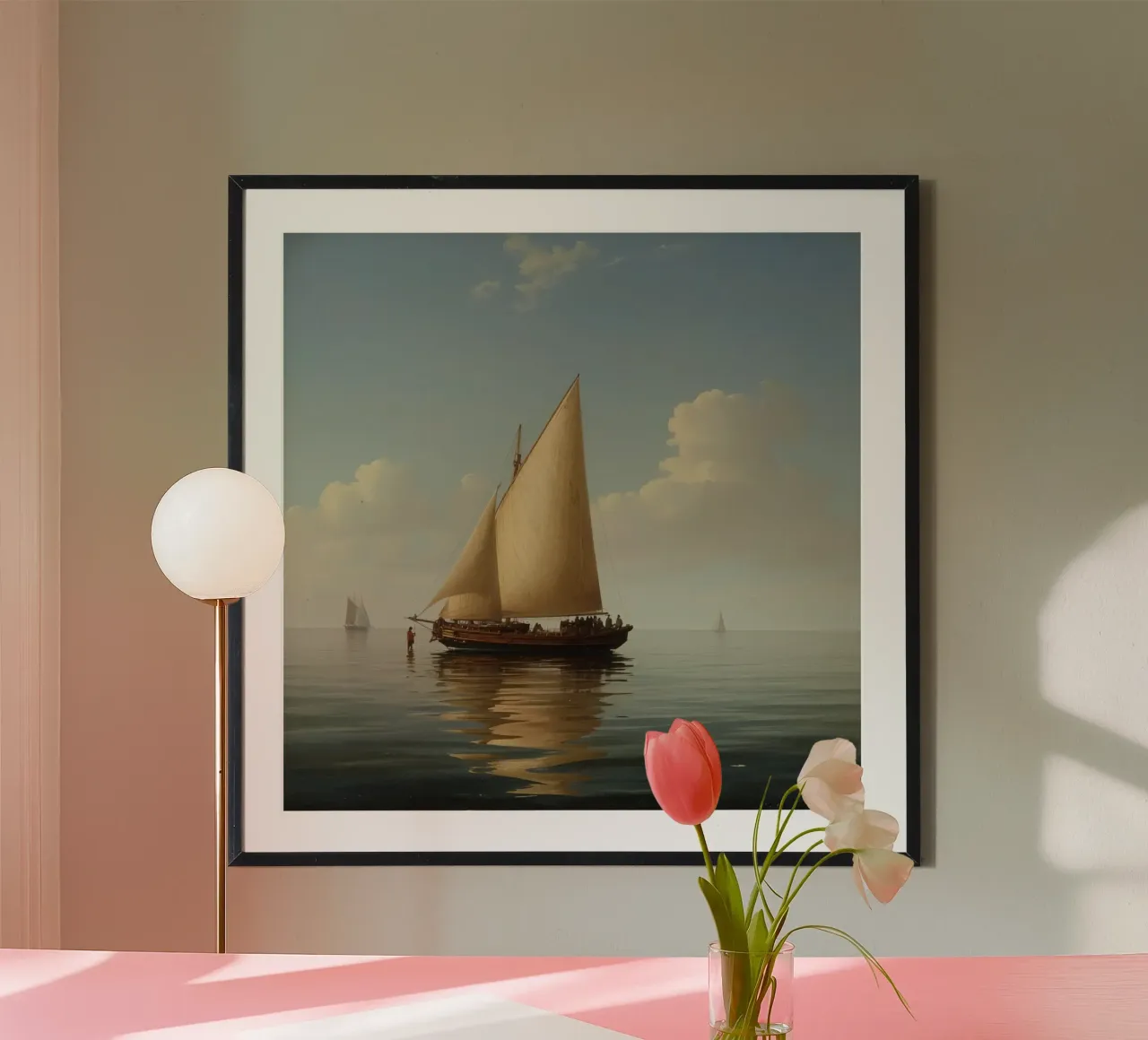 Una barca a vela scivola sulle acque calme riflettendo le nuvole poster con telaio in alluminio da DesignDoodle