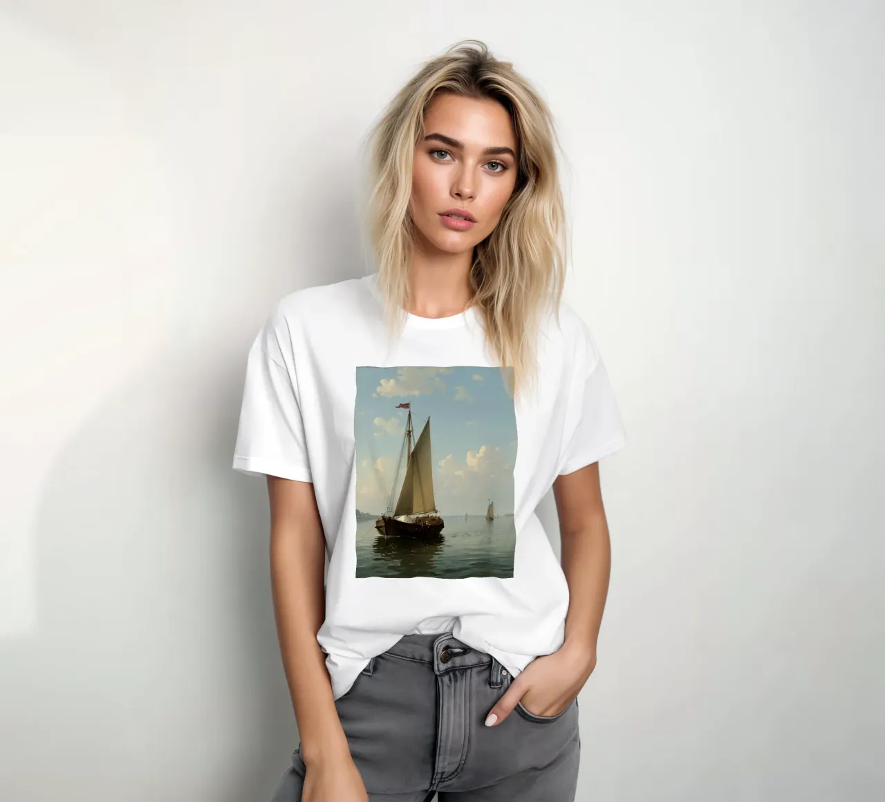 Barche a vela che scivolano su un lago calmo sotto un cielo sereno con t-shirt da DesignDoodle
