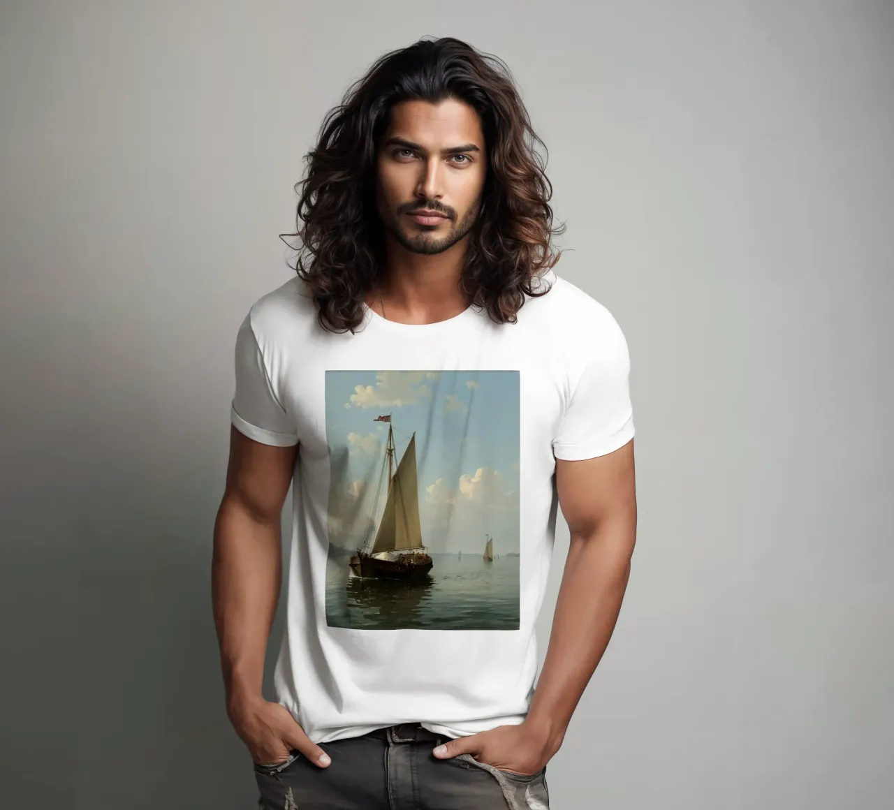 Barche a vela che scivolano su un lago calmo sotto un cielo sereno con t-shirt da DesignDoodle