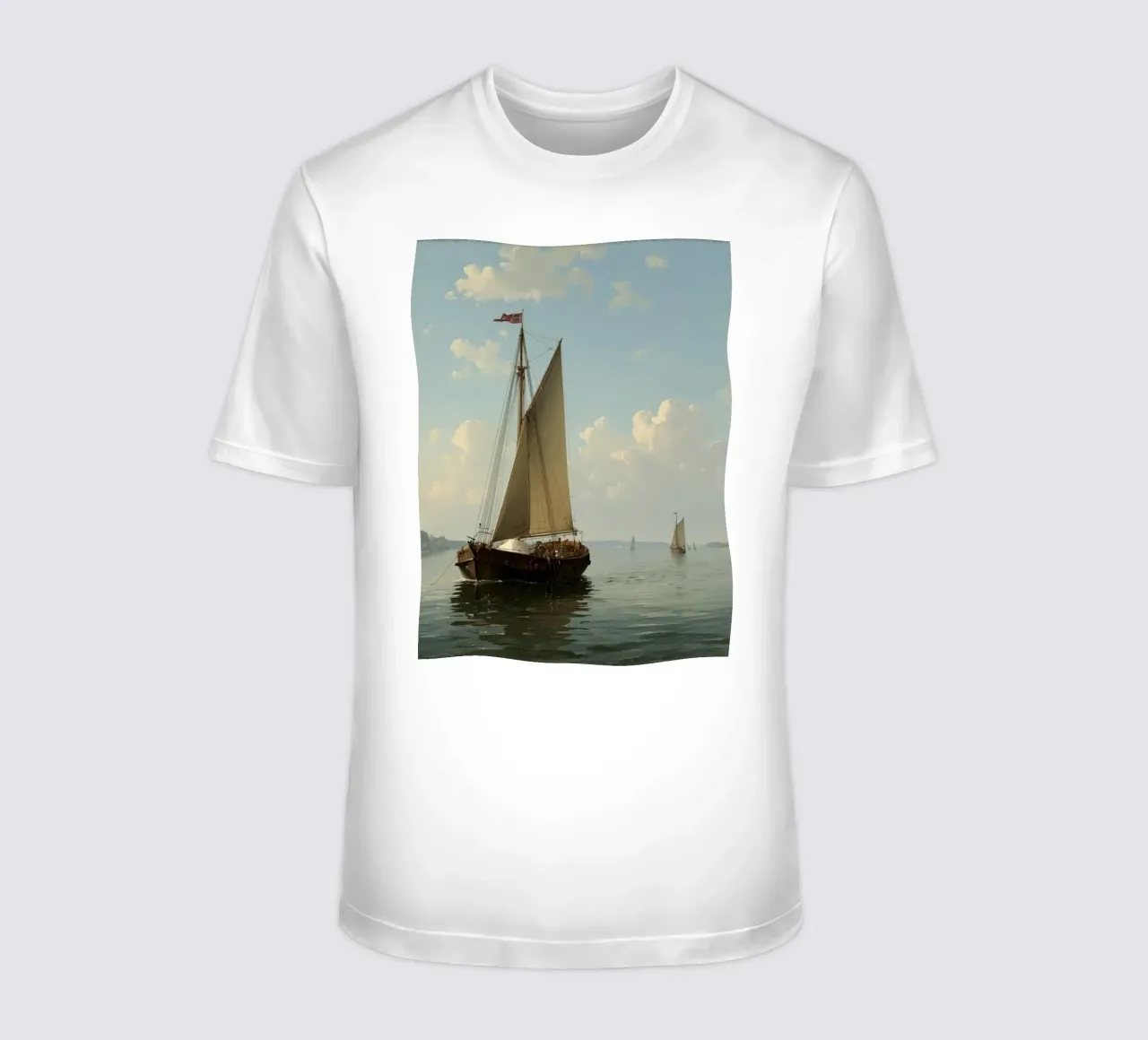 Barche a vela che scivolano su un lago calmo sotto un cielo sereno con t-shirt da DesignDoodle