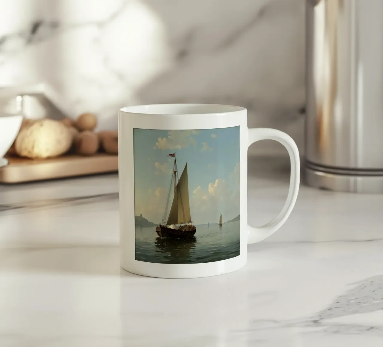 Barche a vela che scivolano su un lago calmo sotto un cielo sereno con tazza in ceramica da DesignDoodle