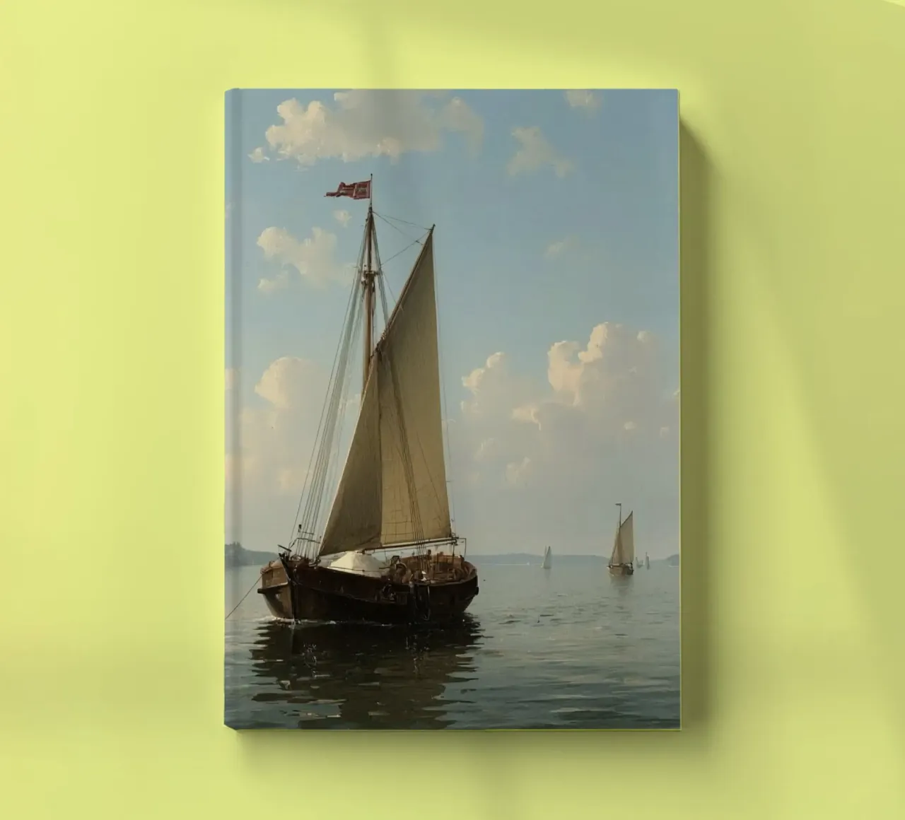 Sailboats gliding across a calm lake under a clear sky with notebook by DesignDoodle