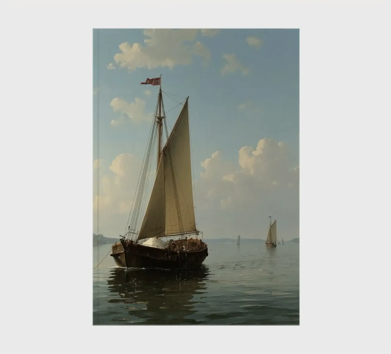 Sailboats gliding across a calm lake under a clear sky with notebook by DesignDoodle
