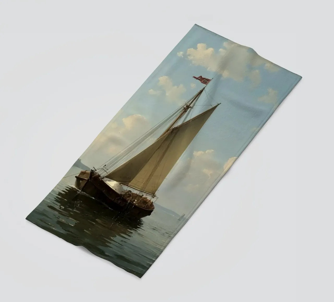 Barche a vela che scivolano su un lago calmo sotto un cielo sereno con telo mare da DesignDoodle