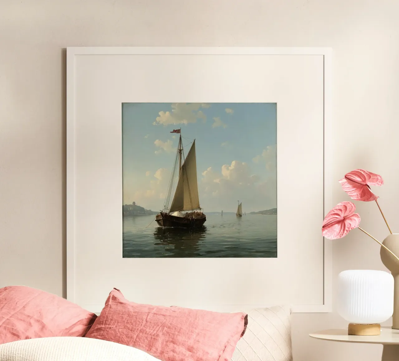 Barche a vela che scivolano su un lago calmo sotto un cielo sereno con poster da DesignDoodle