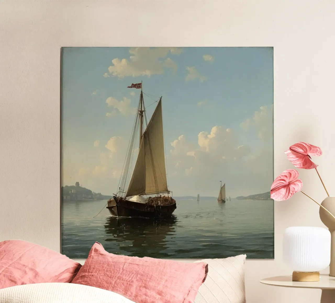 Barche a vela che scivolano su un lago calmo sotto un cielo sereno con poster da DesignDoodle