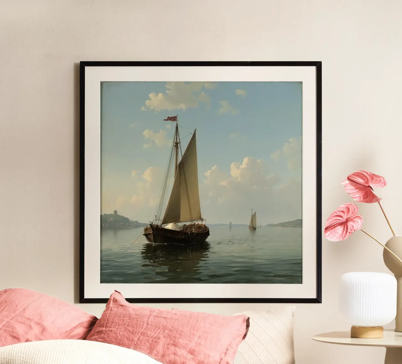 Barche a vela che scivolano su un lago calmo sotto un cielo sereno con poster da DesignDoodle