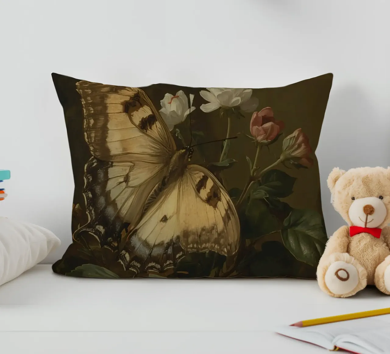 Farfalla appollaiata sui fiori, bellezza primaverile e delicata cuscino da DesignDoodle
