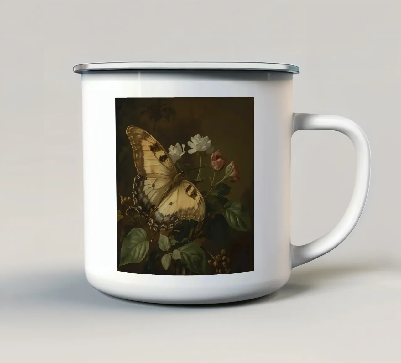 Farfalla appollaiata sui fiori, bellezza primaverile e delicata tazza in smalto da DesignDoodle