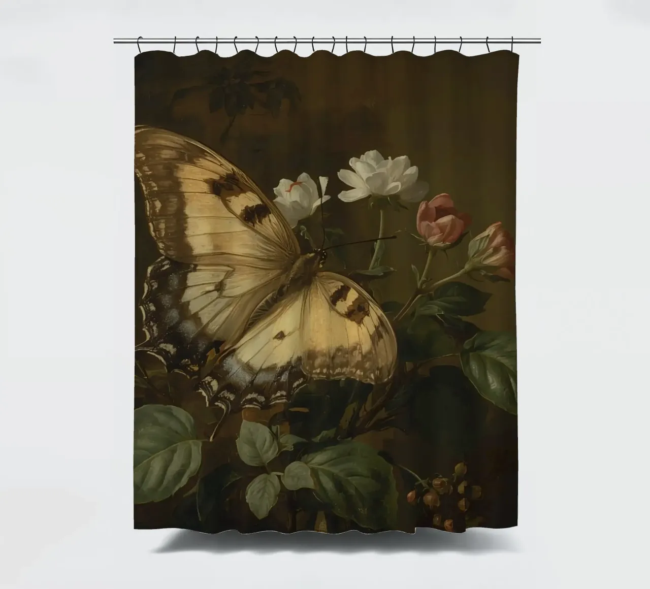 Farfalla appollaiata sui fiori, bellezza primaverile e delicata tenda da doccia da DesignDoodle