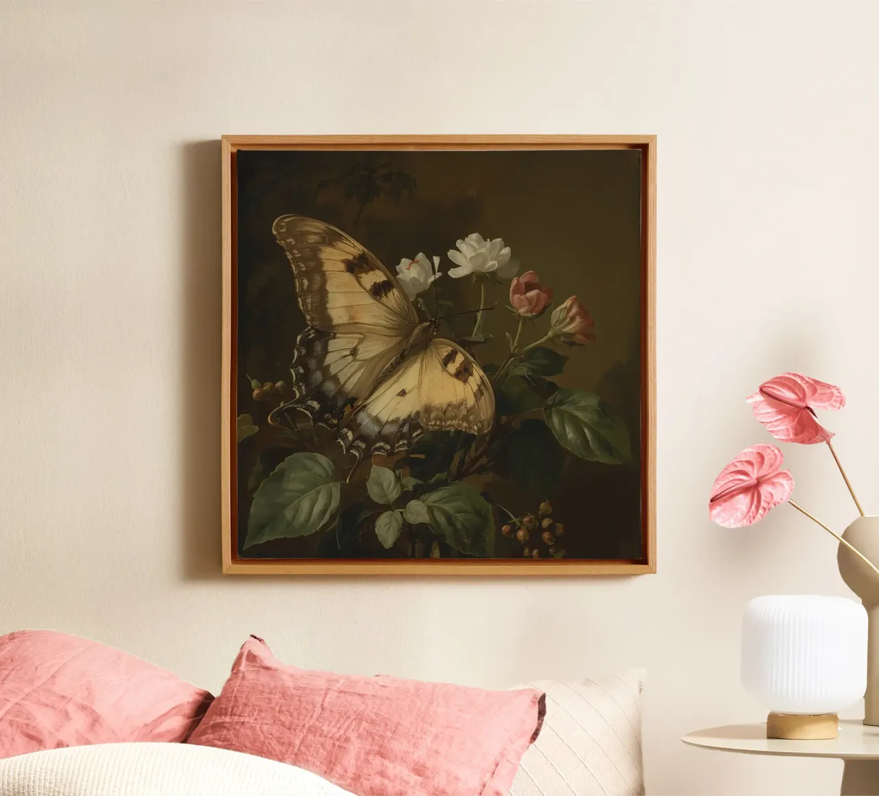 Farfalla appollaiata sui fiori, bellezza primaverile e delicata tela con Cornice a cassetta da DesignDoodle