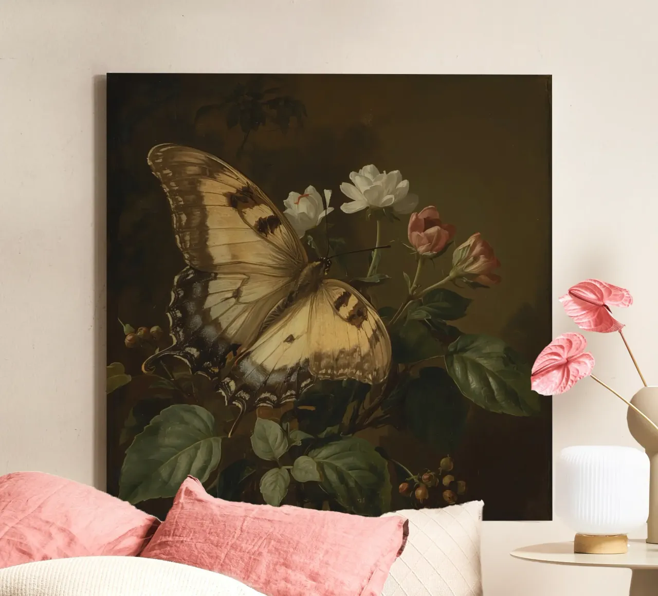 Farfalla appollaiata sui fiori, bellezza primaverile e delicata tela con Cornice a cassetta da DesignDoodle