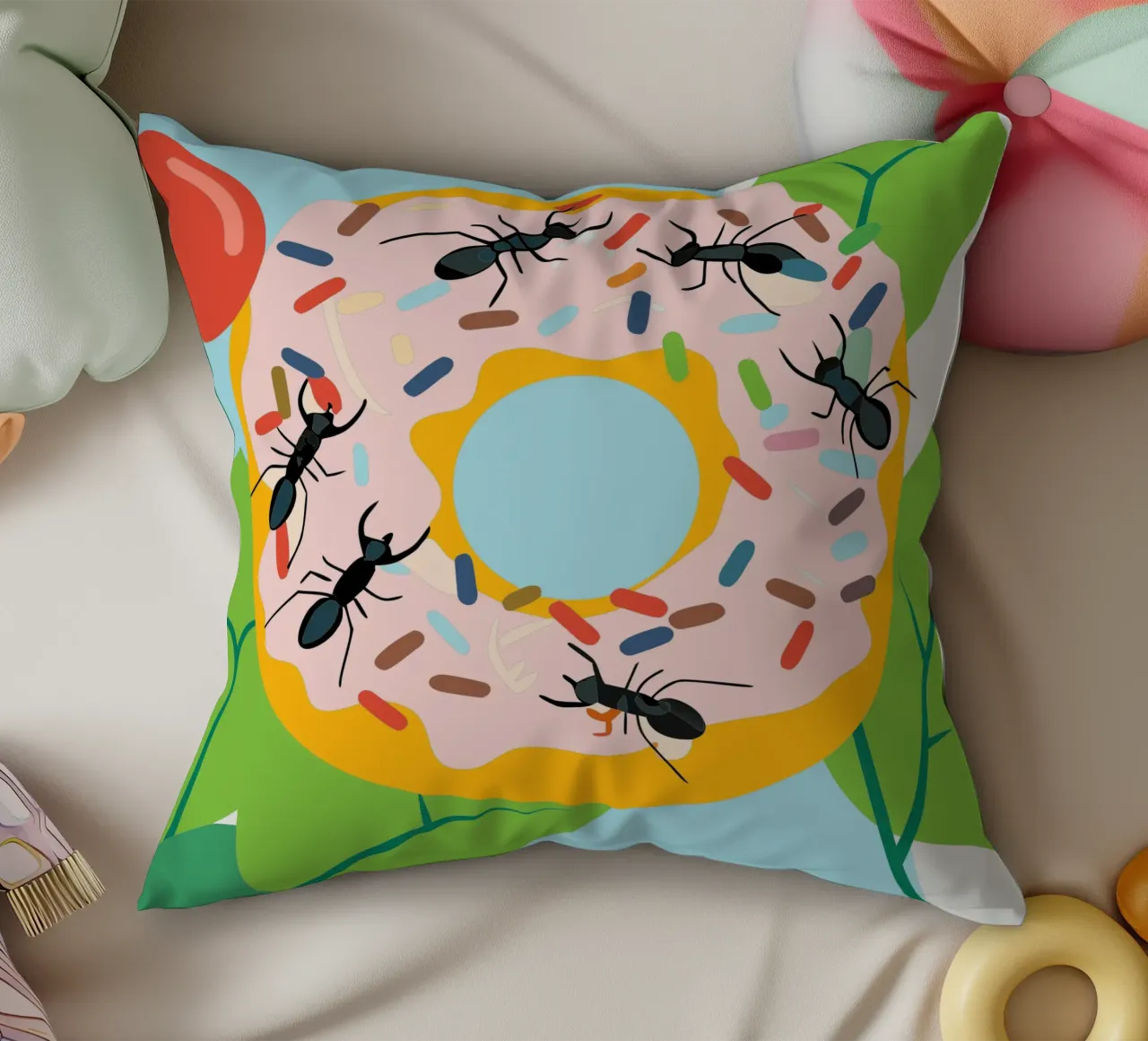 Ant on the Donut decorative cushion by CUTE ANIMALS