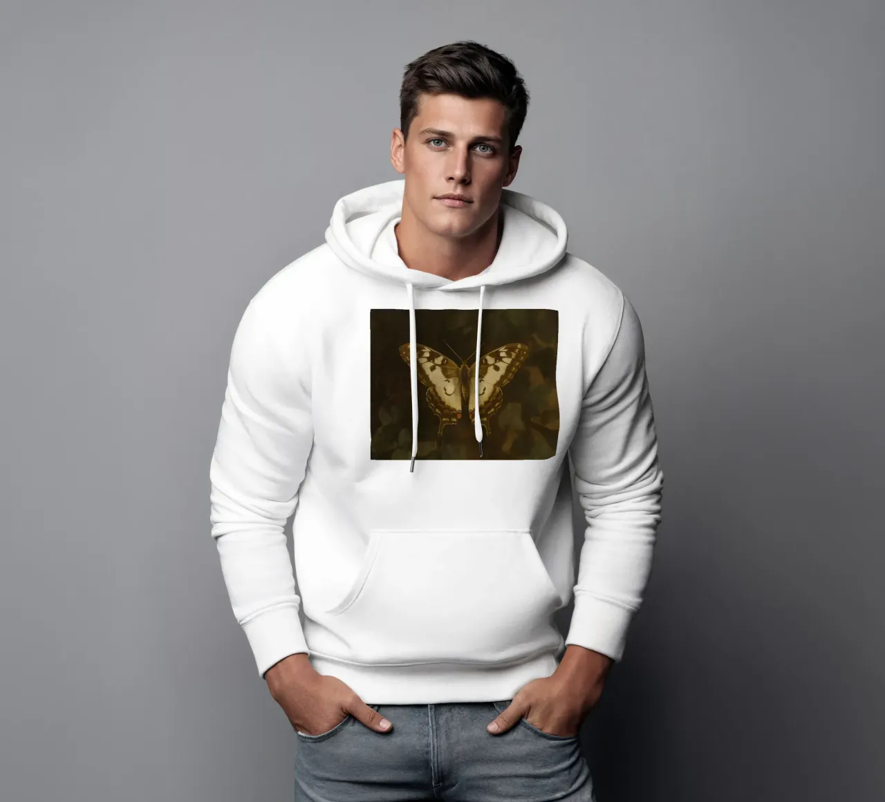 Farfalla posata su fogliame scuro con motivi intricati felpa con cappuccio da DesignDoodle