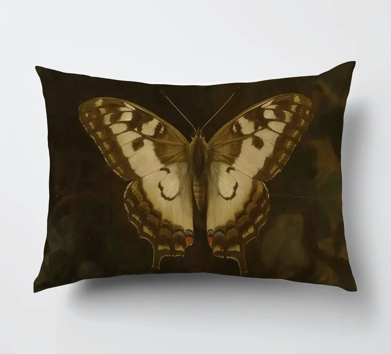Farfalla posata su fogliame scuro con motivi intricati cuscino da DesignDoodle