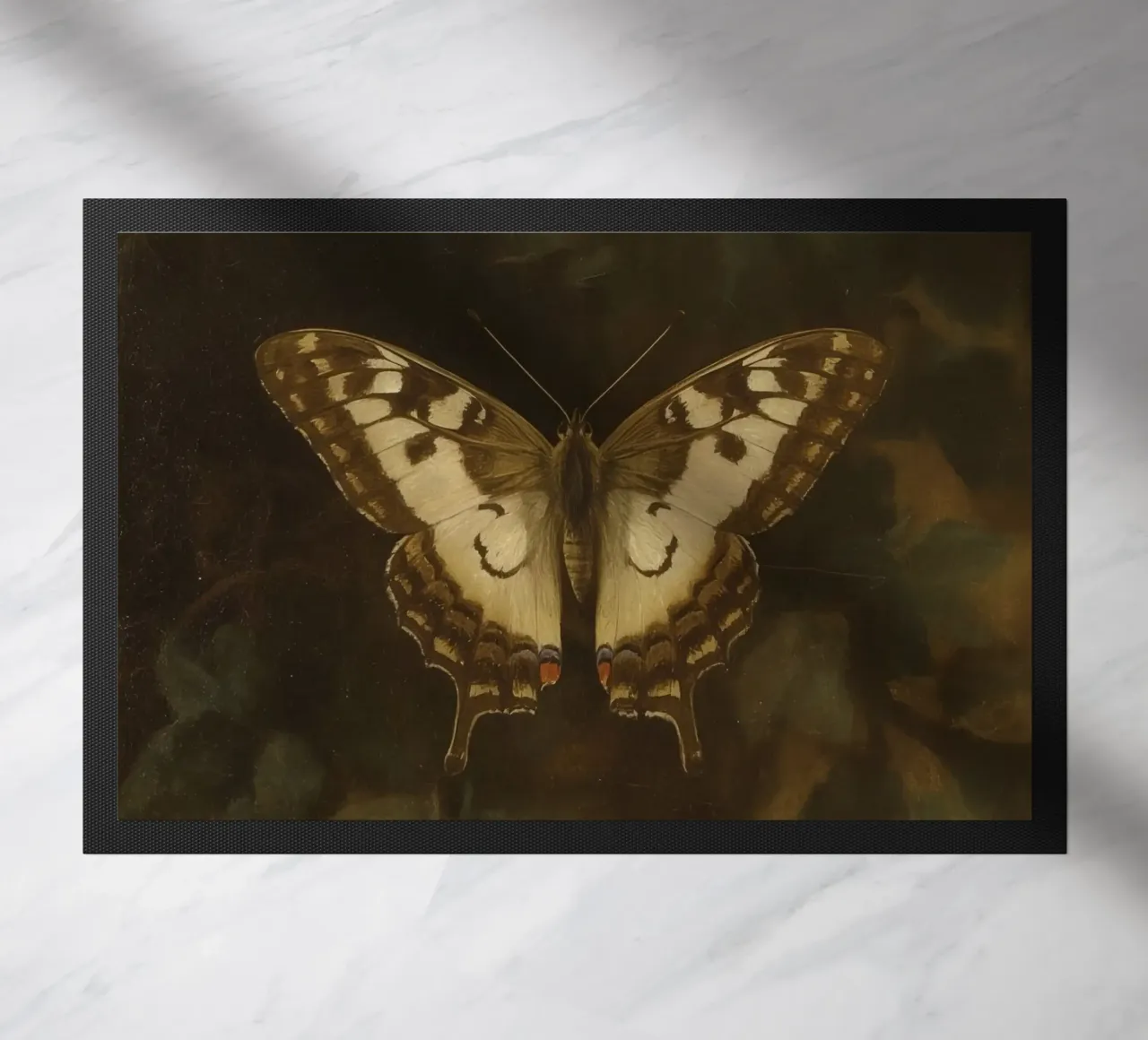 Butterfly resting on dark foliage with intricate patterns doormat by DesignDoodle