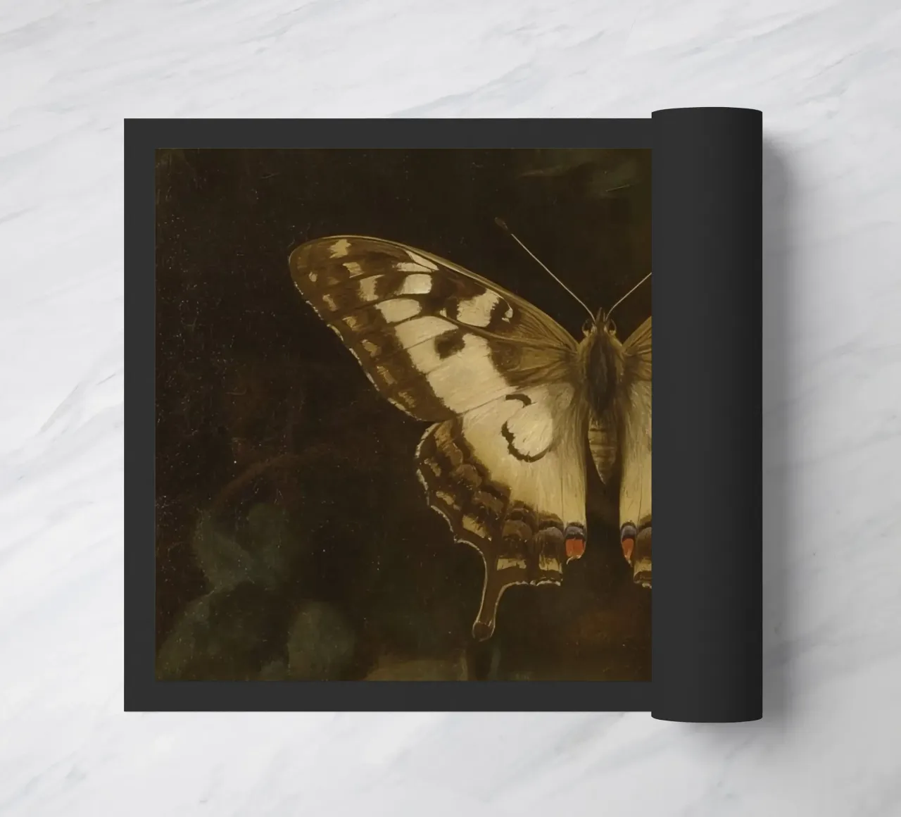 Butterfly resting on dark foliage with intricate patterns doormat by DesignDoodle