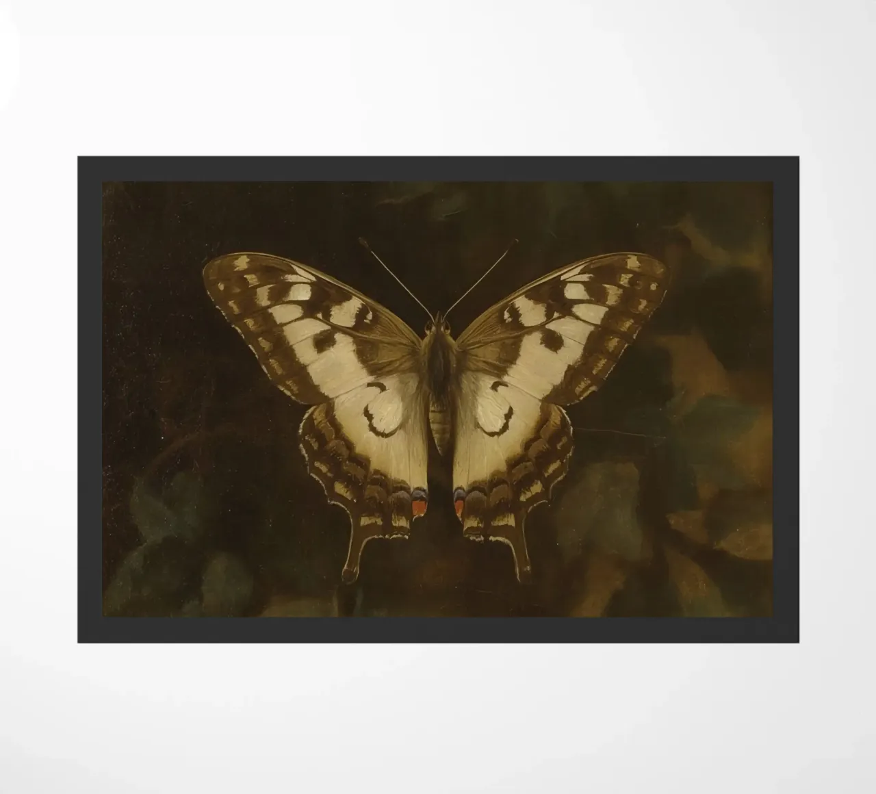 Butterfly resting on dark foliage with intricate patterns doormat by DesignDoodle