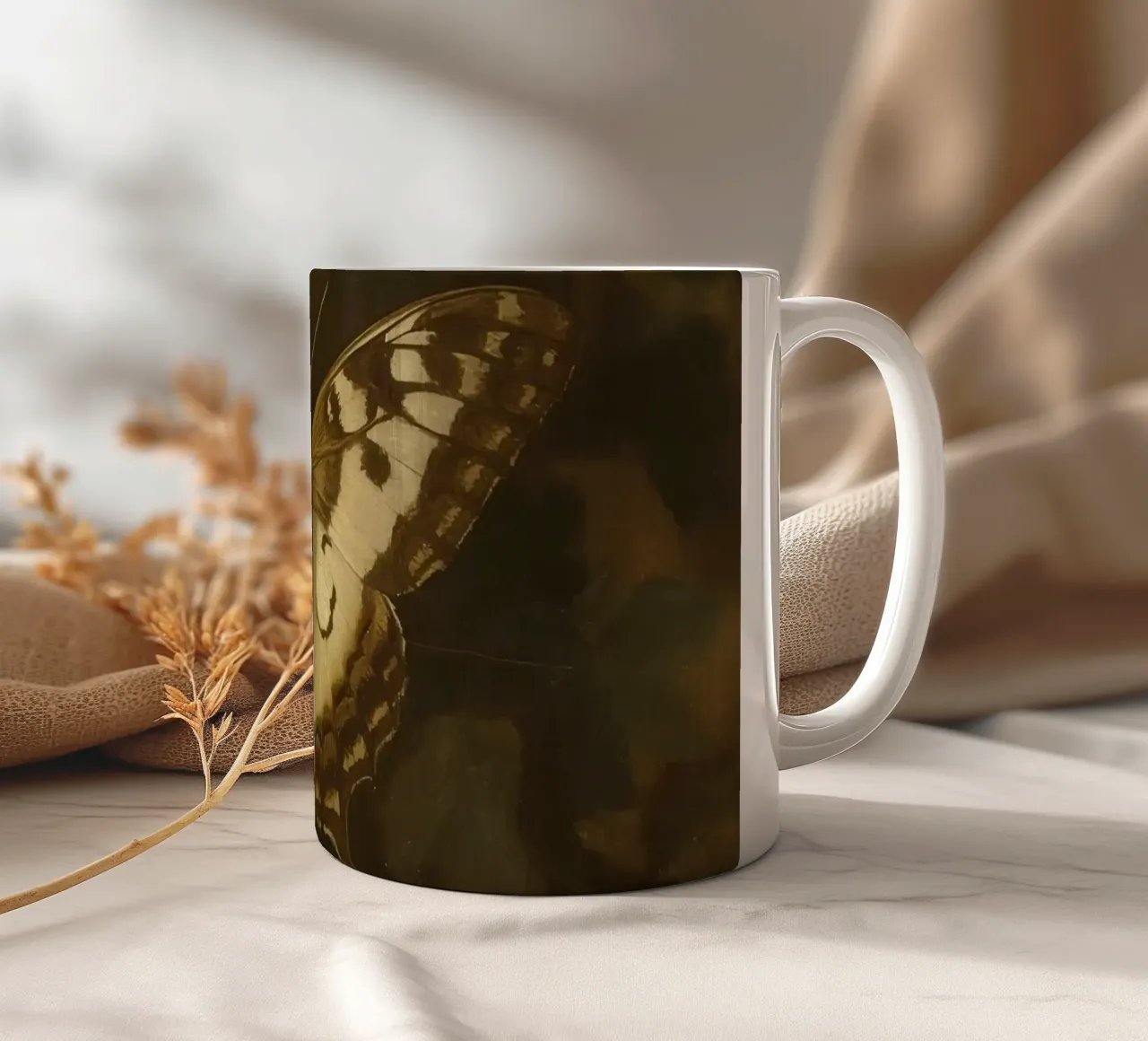 Butterfly resting on dark foliage with intricate patterns ceramic mug by DesignDoodle