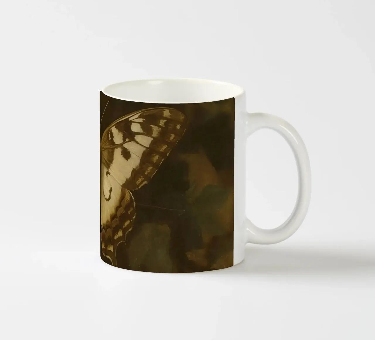 Butterfly resting on dark foliage with intricate patterns ceramic mug by DesignDoodle