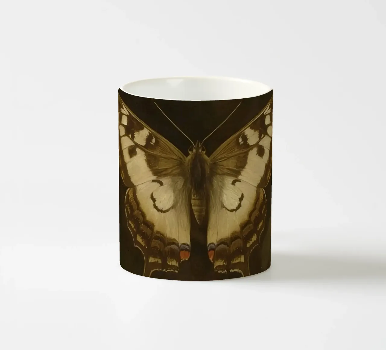 Butterfly resting on dark foliage with intricate patterns ceramic mug by DesignDoodle