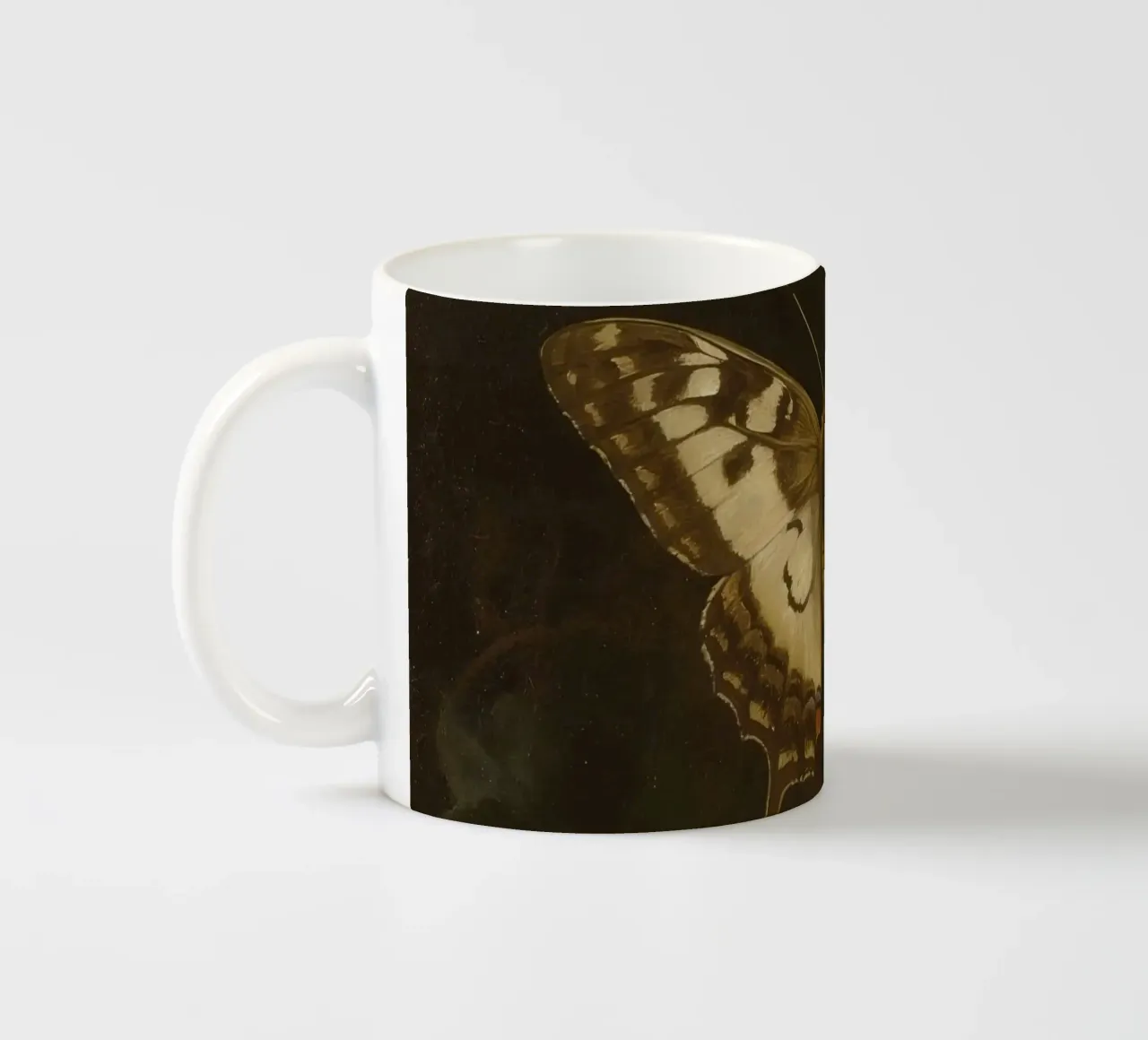 Butterfly resting on dark foliage with intricate patterns ceramic mug by DesignDoodle
