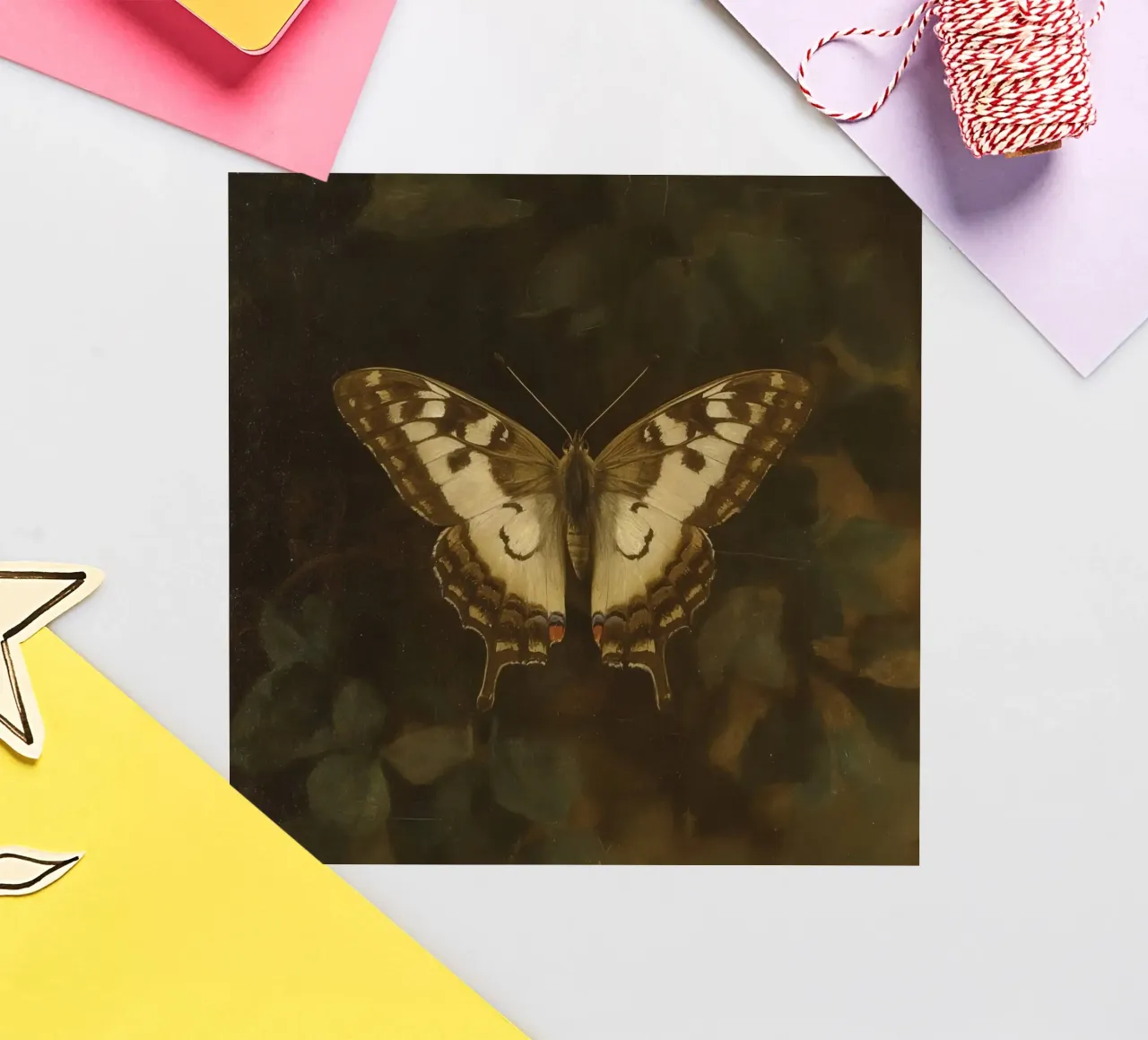 Butterfly resting on dark foliage with intricate patterns sticker by DesignDoodle