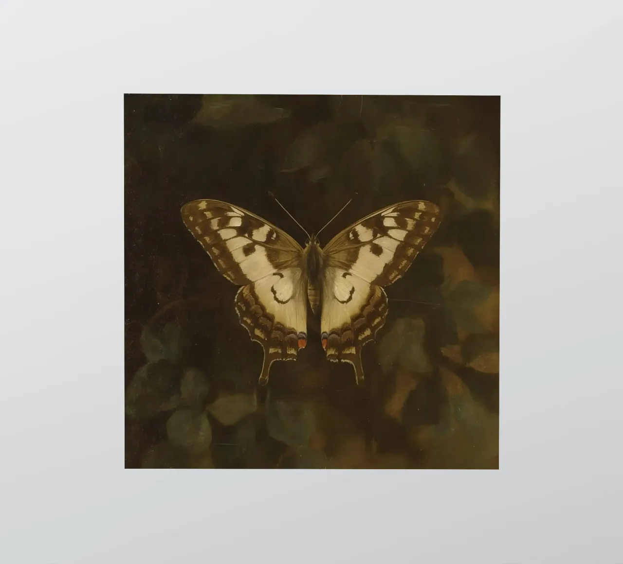 Butterfly resting on dark foliage with intricate patterns sticker by DesignDoodle