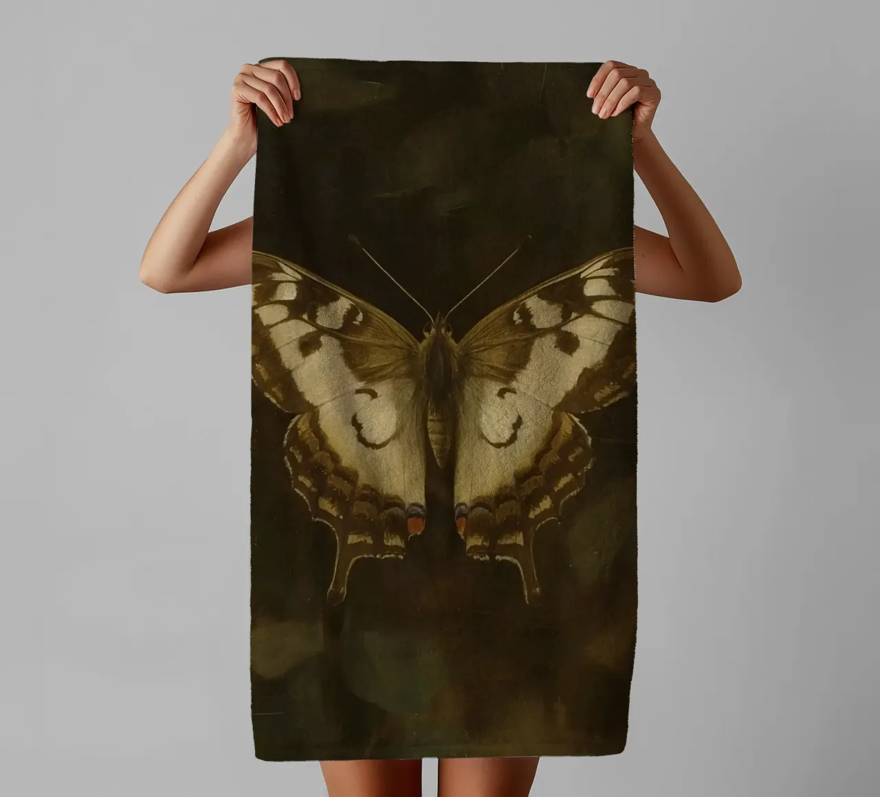 Butterfly resting on dark foliage with intricate patterns towel by DesignDoodle