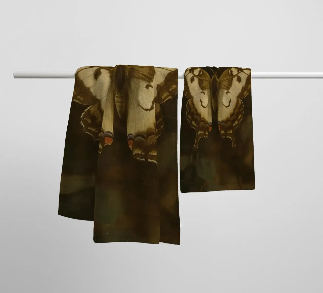 Butterfly resting on dark foliage with intricate patterns towel by DesignDoodle