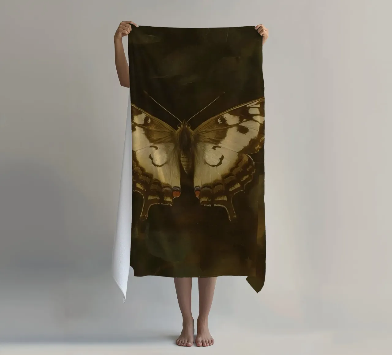Butterfly resting on dark foliage with intricate patterns beach towel by DesignDoodle
