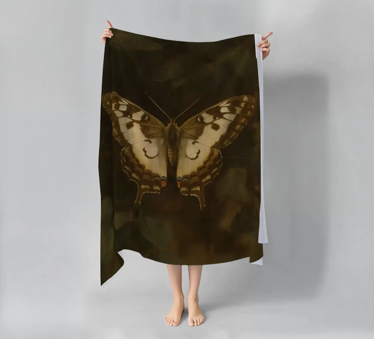 Butterfly resting on dark foliage with intricate patterns beach towel by DesignDoodle