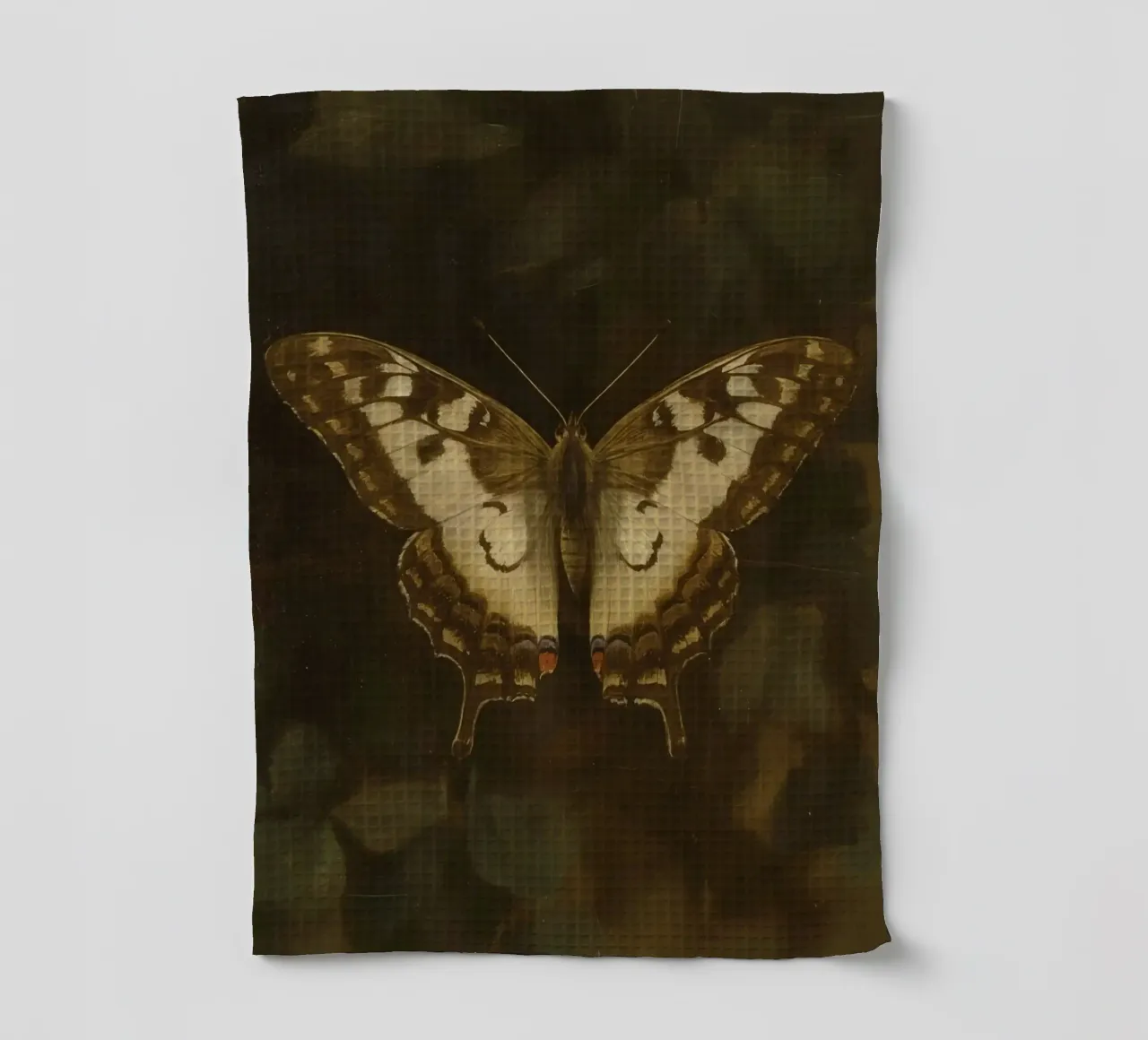 Butterfly resting on dark foliage with intricate patterns tea towel by DesignDoodle
