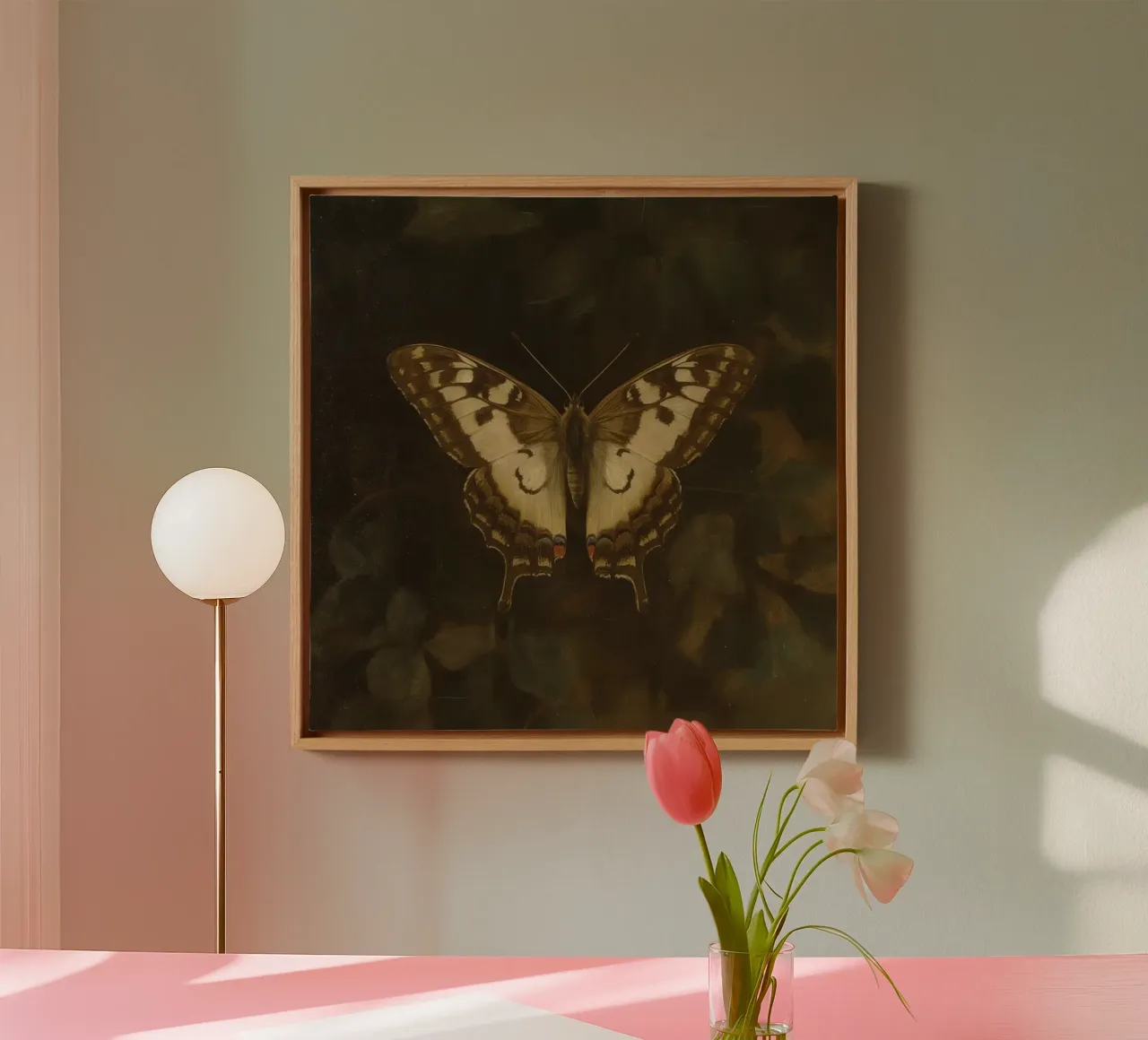 Butterfly resting on dark foliage with intricate patterns canvas with Floater frame by DesignDoodle