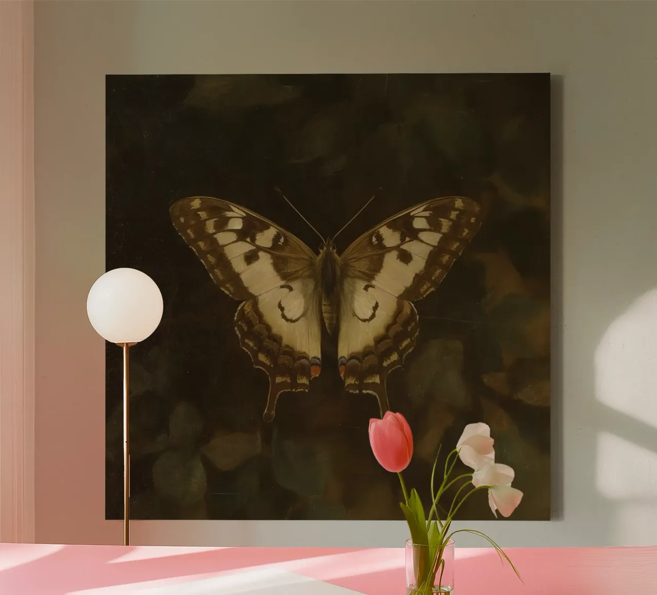 Butterfly resting on dark foliage with intricate patterns canvas with Floater frame by DesignDoodle