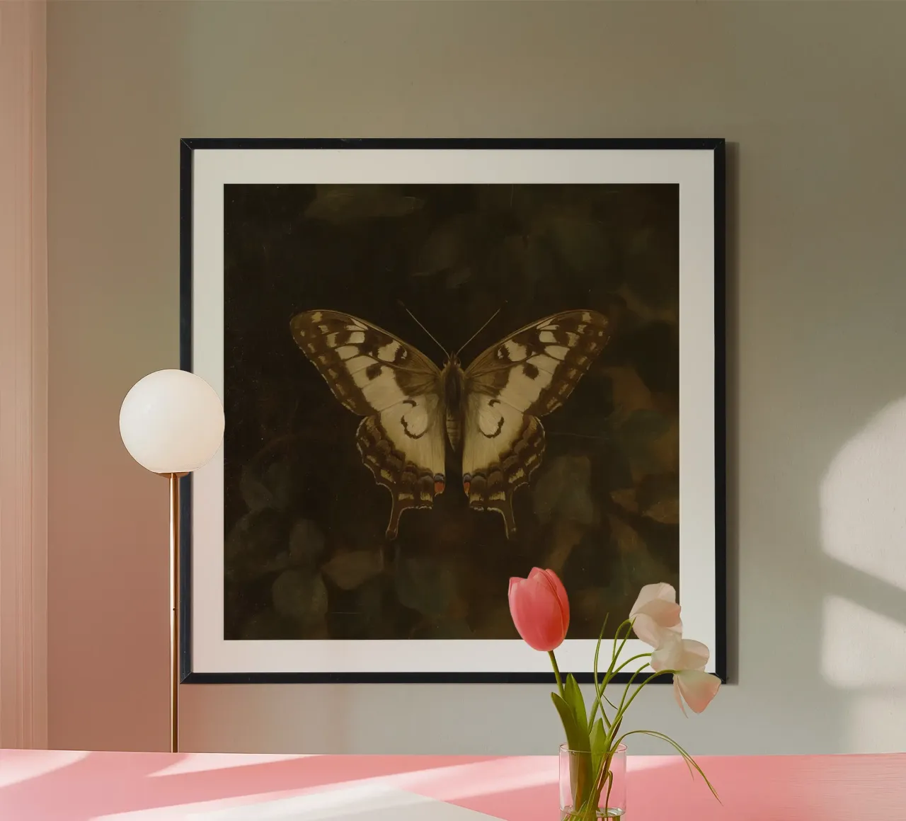 Farfalla posata su fogliame scuro con motivi intricati poster con telaio in plastica da DesignDoodle