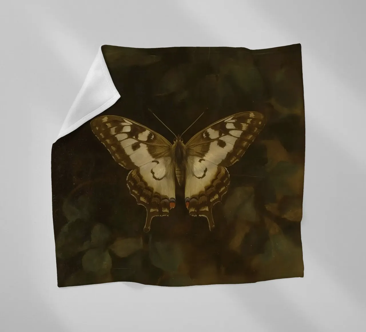 Butterfly resting on dark foliage with intricate patterns fleece blanket by DesignDoodle