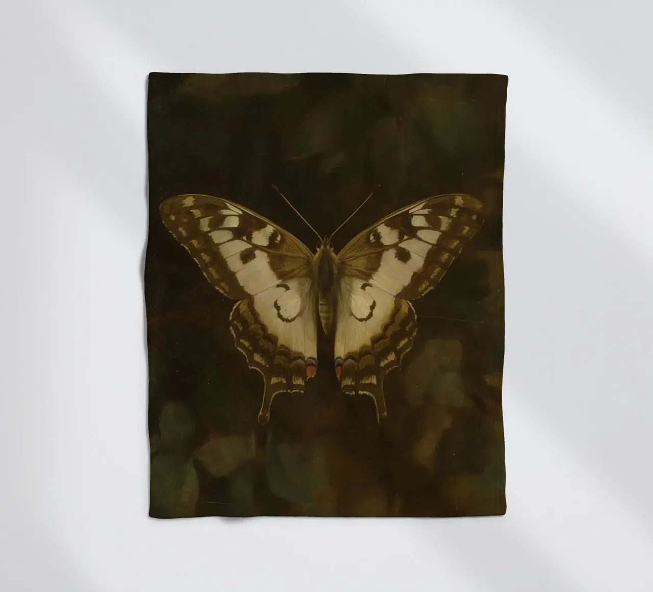 Butterfly resting on dark foliage with intricate patterns fleece blanket by DesignDoodle