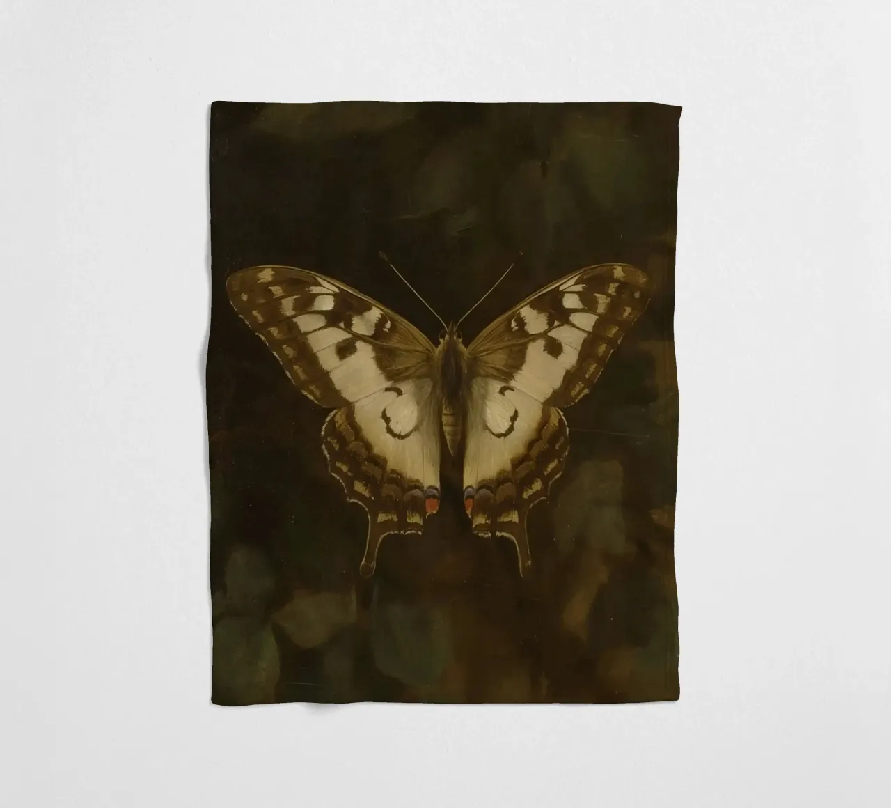 Butterfly resting on dark foliage with intricate patterns fleece blanket by DesignDoodle