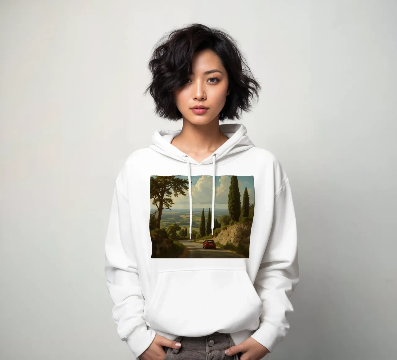 Superbe vue de la campagne avec une voiture roulant le long d'une route sinueuse. sweat à capuche de DesignDoodle