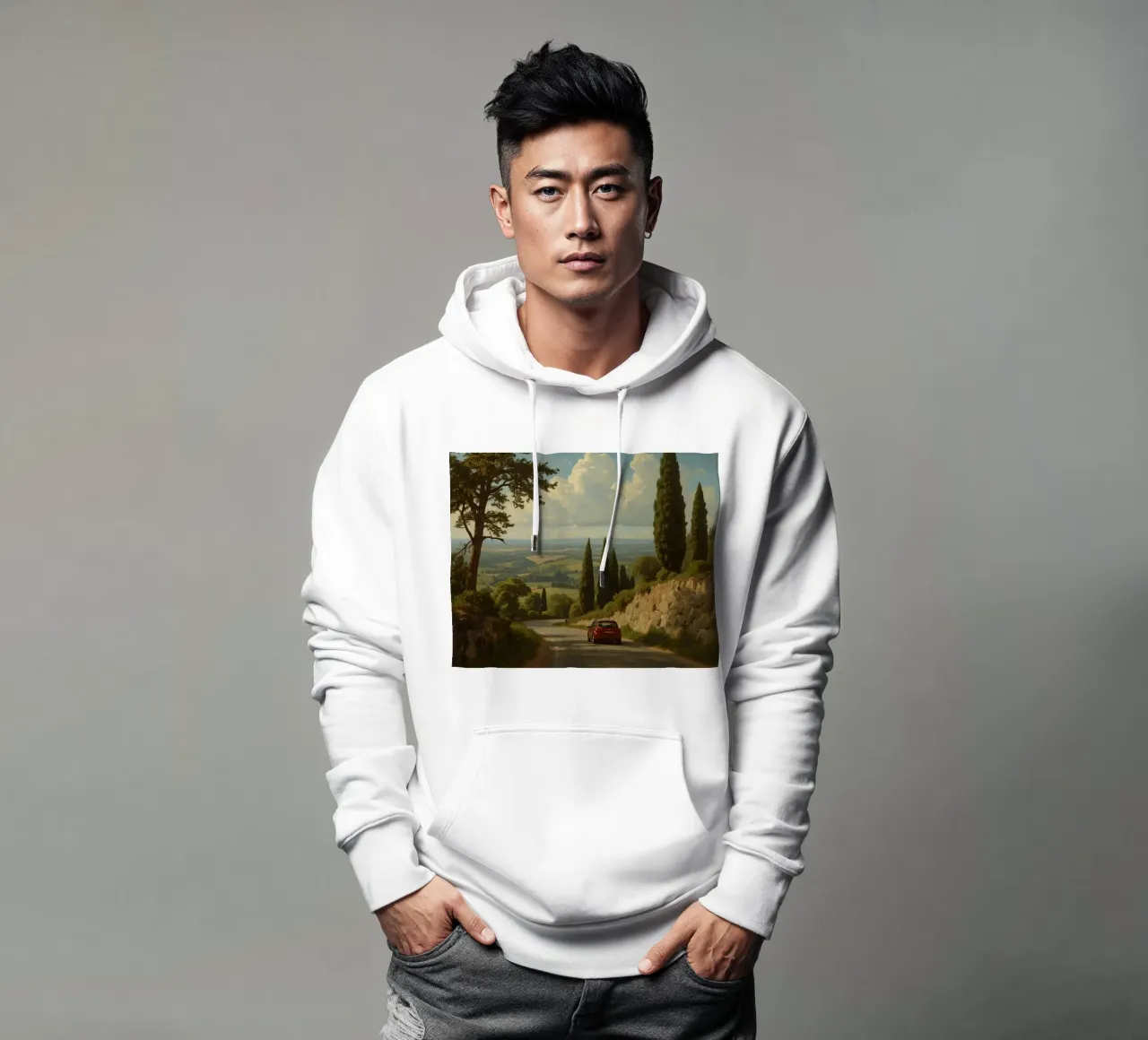 Superbe vue de la campagne avec une voiture roulant le long d'une route sinueuse. sweat à capuche de DesignDoodle