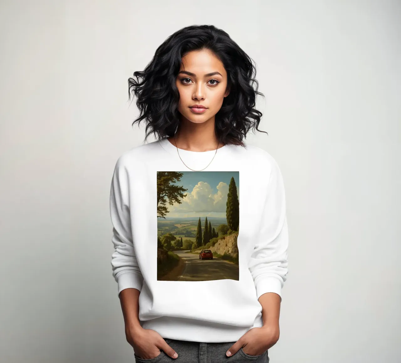 Superbe vue de la campagne avec une voiture roulant le long d'une route sinueuse. sweat de DesignDoodle