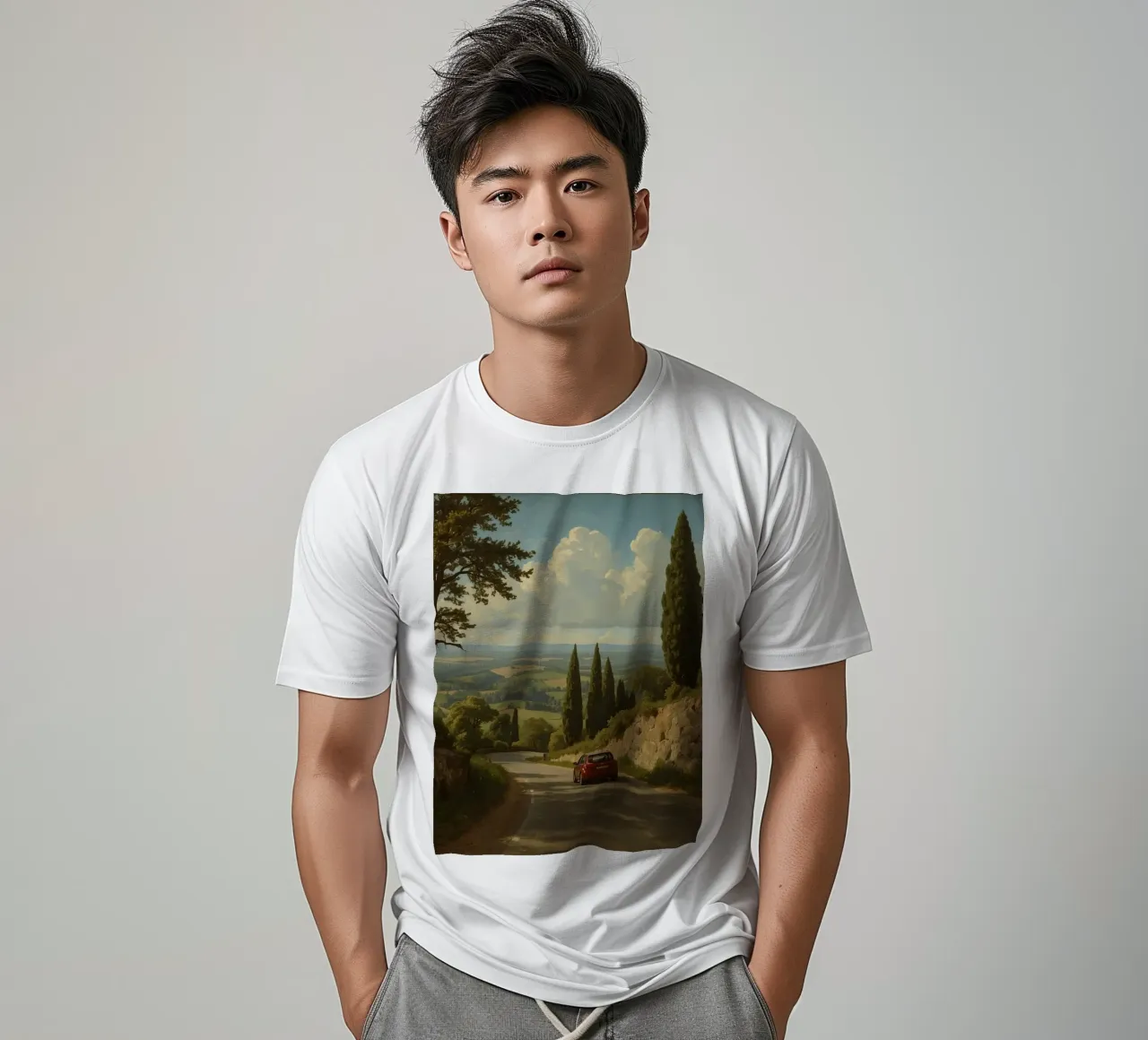 Superbe vue de la campagne avec une voiture roulant le long d'une route sinueuse. t-shirt de DesignDoodle