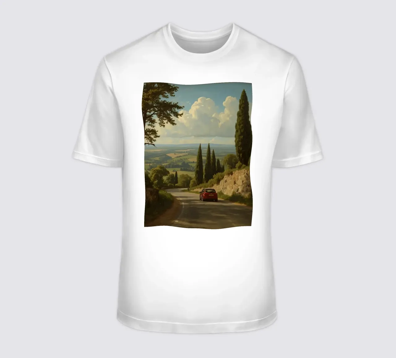 Superbe vue de la campagne avec une voiture roulant le long d'une route sinueuse. t-shirt de DesignDoodle