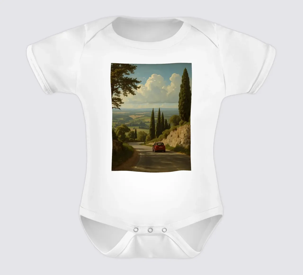 Superbe vue de la campagne avec une voiture roulant le long d'une route sinueuse. body bébé de DesignDoodle