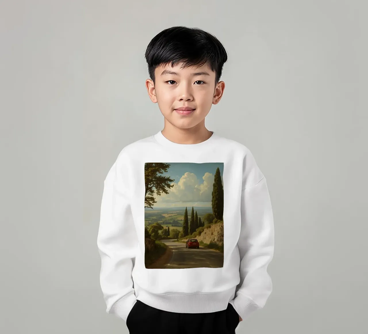 Superbe vue de la campagne avec une voiture roulant le long d'une route sinueuse. sweat enfant de DesignDoodle