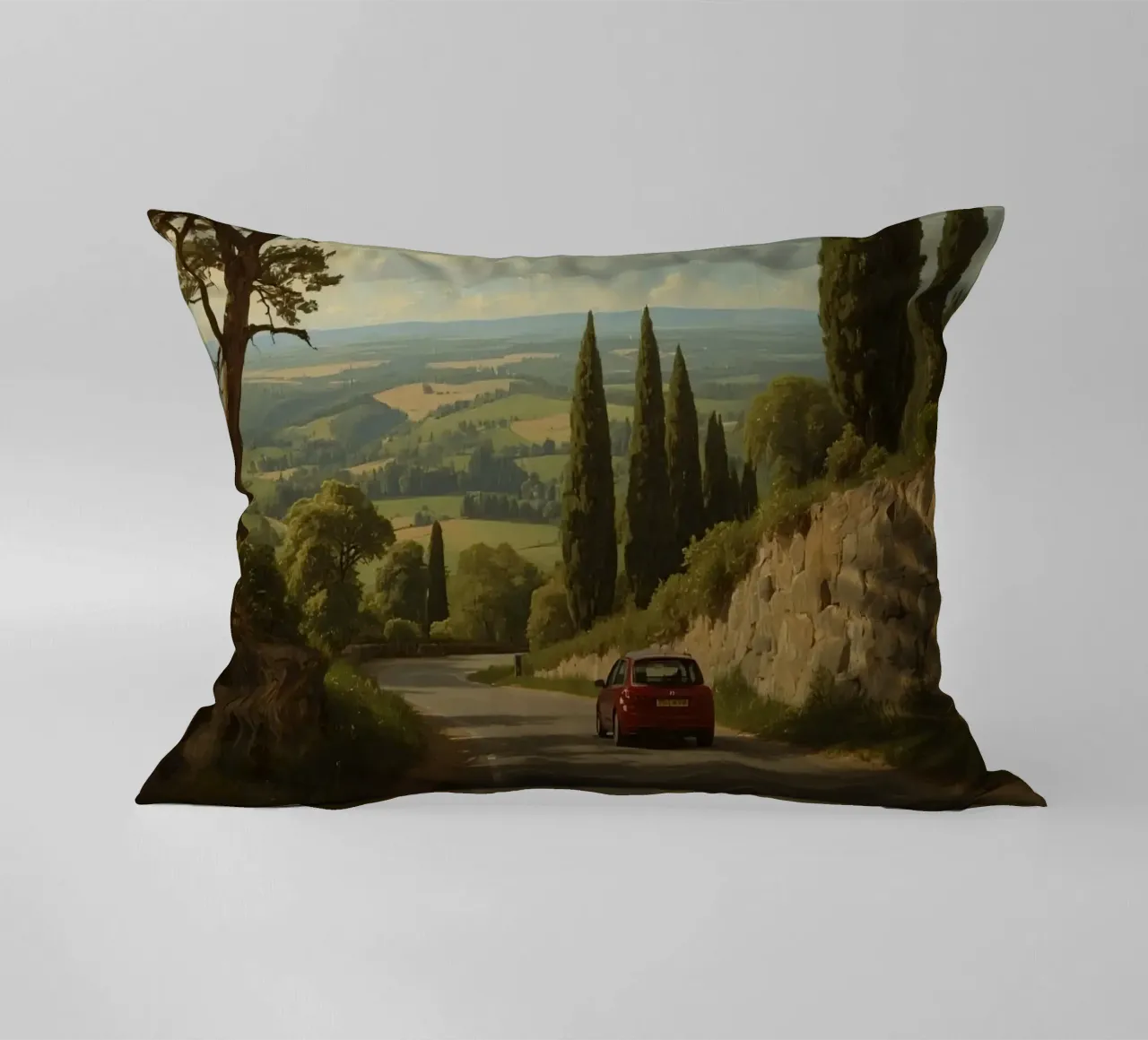 Superbe vue de la campagne avec une voiture roulant le long d'une route sinueuse. coussin de DesignDoodle