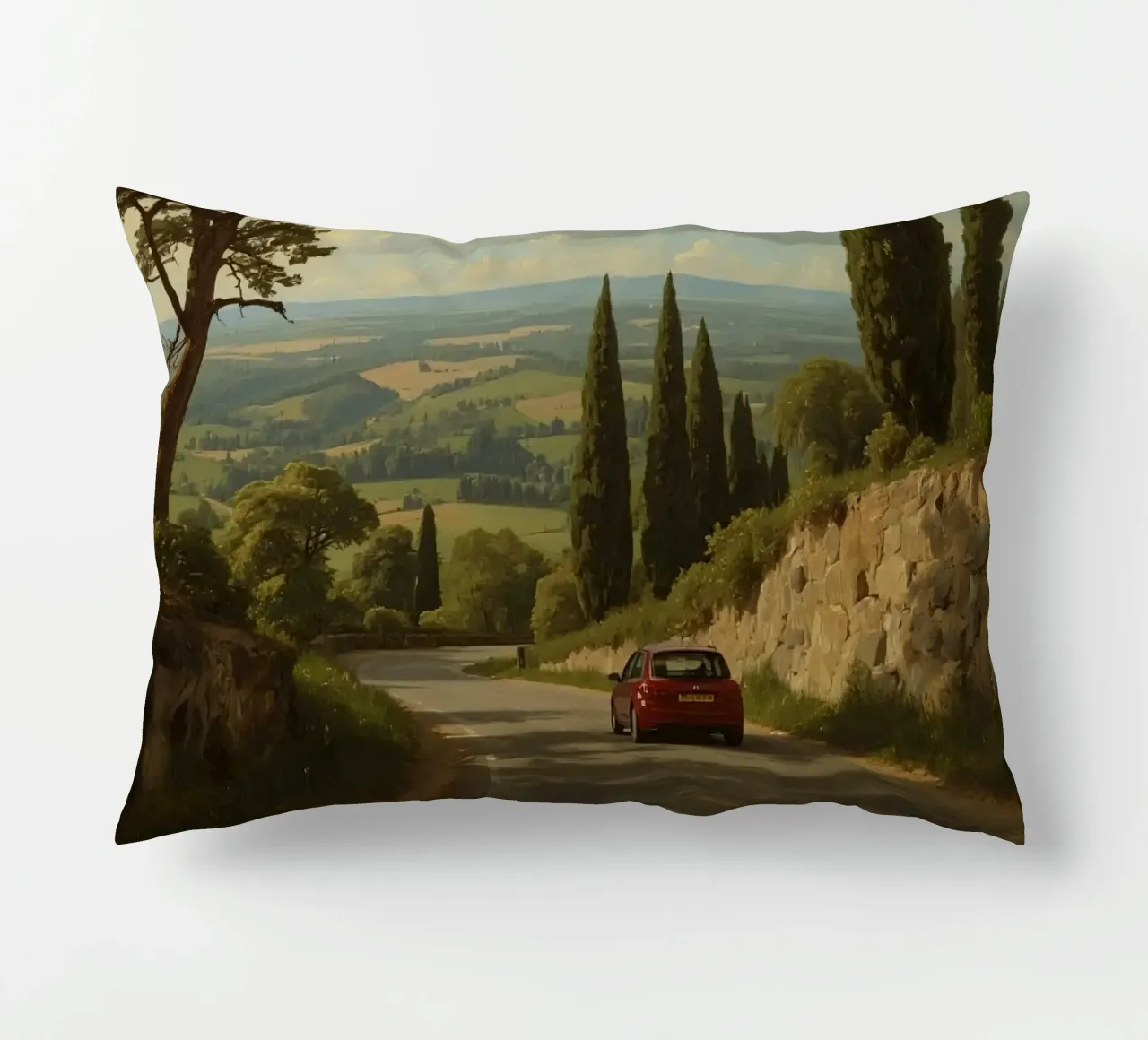 Superbe vue de la campagne avec une voiture roulant le long d'une route sinueuse. coussin de DesignDoodle