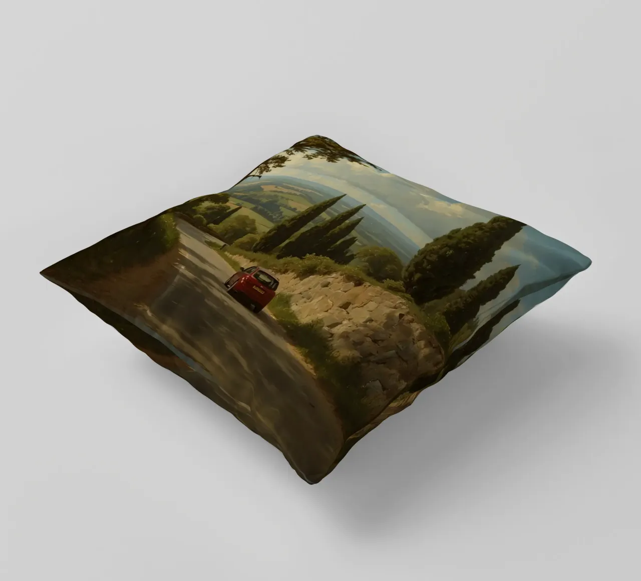 Superbe vue de la campagne avec une voiture roulant le long d'une route sinueuse. coussin de DesignDoodle